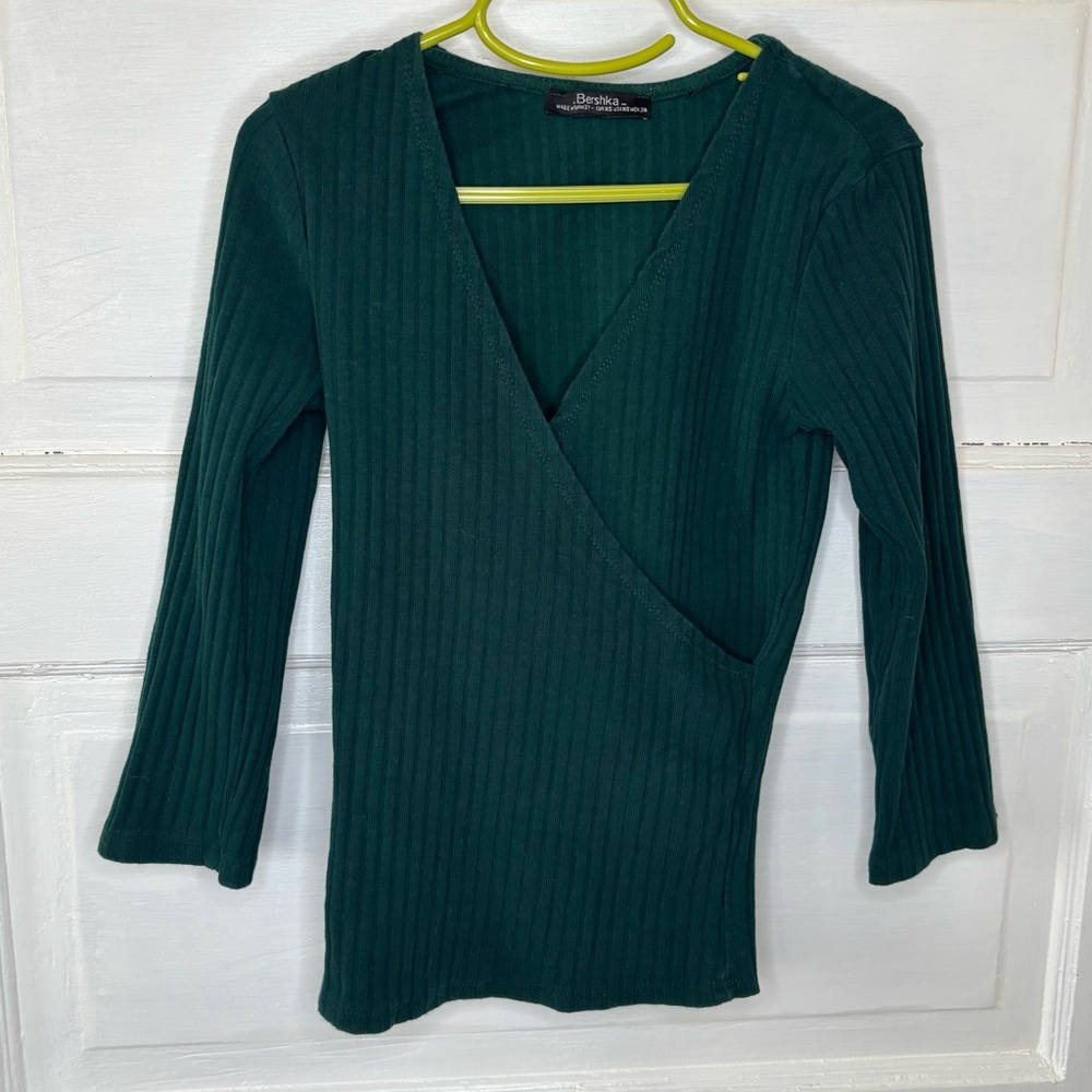 Bershka Forest Green Ribbed Wrap-Front Top - Picture 2 of 10